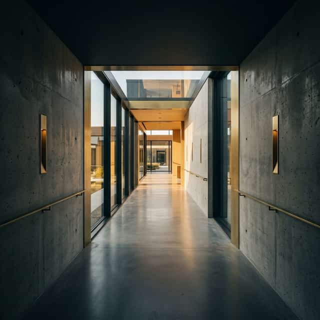 Modern architectural corridor transitioning from shadow to light — Ontario bridge financing